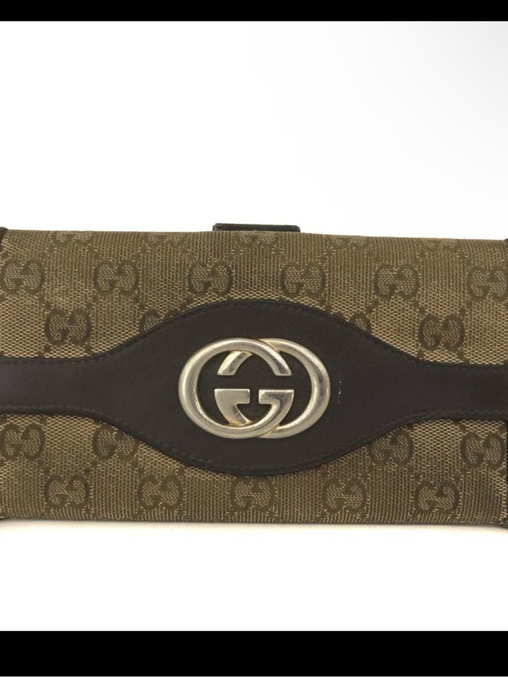 Gucci Brown GG Canvas Wallet with Dark Brown Leather Trim and Silver Double G